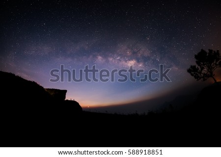 Milky Way galaxy, on the mountains. Long exposure photograph, with grain.Image contain certain grain or noise and soft focus.