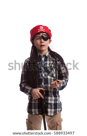 A boy in a plaid shirt in the pirate costume on a white background