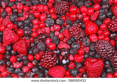 Frozen mixed berries as background. Blueberries,raspberries black berries and currant mulberry texture pattern.