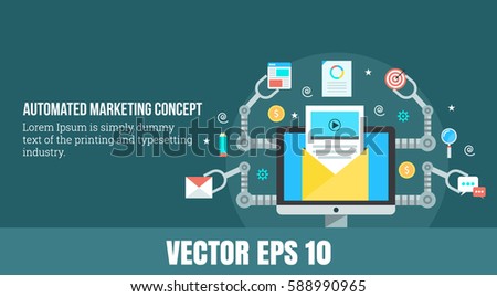 A concept for automated marketing, digital marketing automation flat vector illustration with email, search and chat icons Royalty-Free Stock Photo #588990965