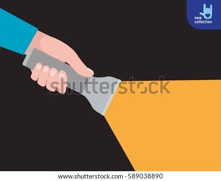 Close up. Hand holding torch light shining forward in the dark
Searching way out concept.
Vector flat cartoon design illustration.
Isolated on white background.
