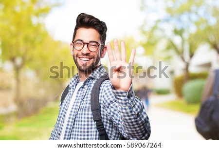 student man doing number four gesture