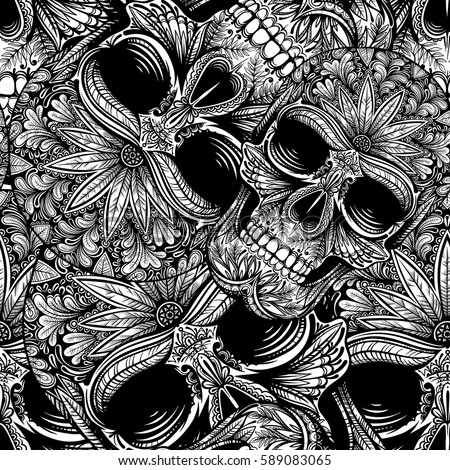 Vector Black and White Tattoo Skull Seamless Pattern
