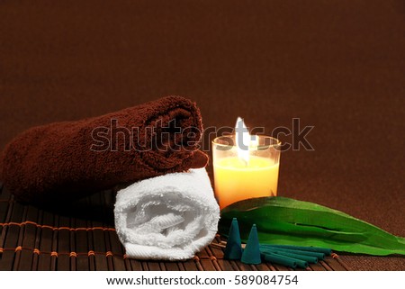 Spa theme object Flower lavender on Paint color background and  towel,candle copy space  