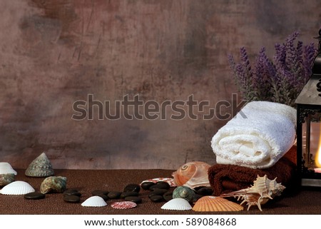 Spa theme object  Flower  lavender  on Paint color background and sea shells, Stone, towel,lantern copy space  