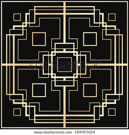 Vector geometric ornament in Art Deco style. Square abstract element for design. Light golden lined shape.