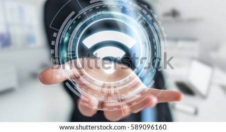 Businessman on blurred background using free wifi hotspot interface 3D rendering Royalty-Free Stock Photo #589096160