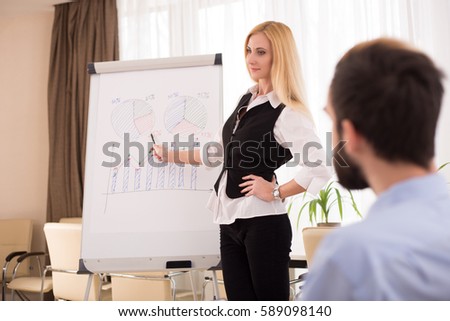 Woman Manager talks about the main goals of company. Visual presentation