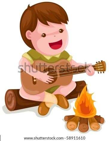 illustration of isolated camping boy playing guitar on white