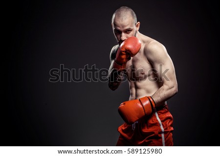 Conceptual Portrait of brutal tattooed boxer in boxing gloves on grey background. Art Sport background. Royalty-Free Stock Photo #589125980