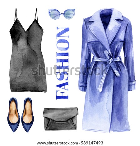 Fashion trendy outfit set watercolor illustrated dress, blue shoes, sunglasses, coat, purse and hand lettering