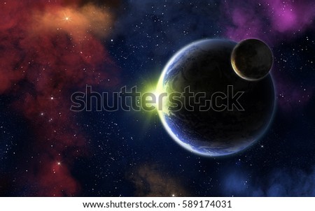 Earth with Moon and bright sun. Elements of this image furnished by NASA.