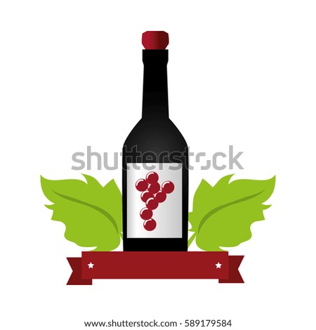 wine bottle with cork and grapes leaves and ribbon