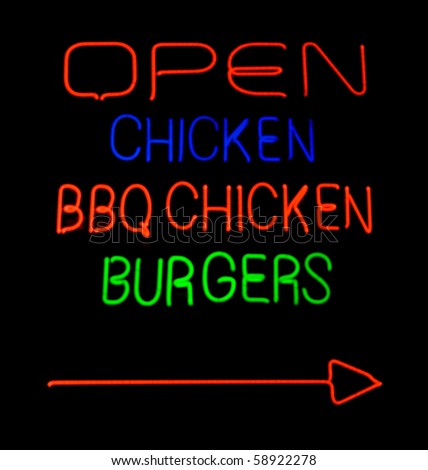 Blue, red and green neon sign of the words 'Open chicken bbq chicken burgers' and an arrow.