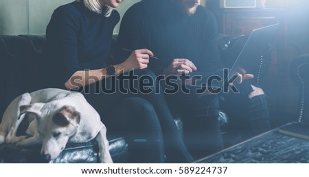Group of young coworkers making great business decisions.People discussing new project at modern meeting room.Man using laptop, woman smiling, white dog sleeping on sofa. Visual effects, flare.Crop
