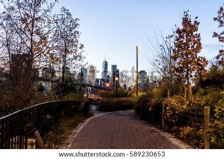Lower Manhattan skyline view from Main Street Park (Dumbo) - New York, USA
