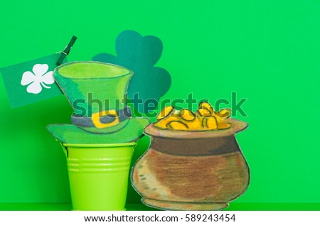 happy St Patrick's Day card, March 17, with Leprechaun hat and pot of gold - room for text