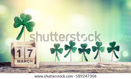 Saint Patrick Day - Calendar With Green Clovers 
