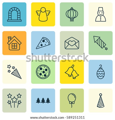 Set Of 16 Celebration Icons. Includes Greeting Email, Ringer, Holiday Ornament And Other Symbols. Beautiful Design Elements.