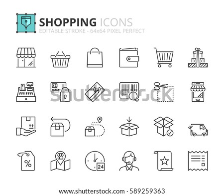 Outline icons about shopping. Editable stroke. 64x64 pixel perfect. Royalty-Free Stock Photo #589259363