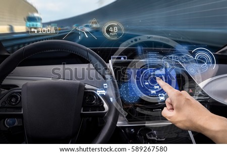 vehicle cockpit and screen, car electronics, automotive technology, autonomous car, abstract image visual Royalty-Free Stock Photo #589267580