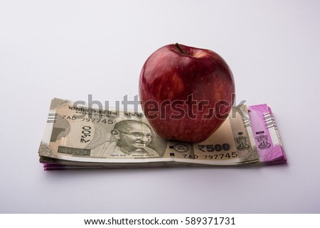 Healthcare in India - Concept of health and business showing Indian paper currency notes, Stethoscope, Pills, Calculator, Apple fruit and Stuffed Heart Toy. Selective focus