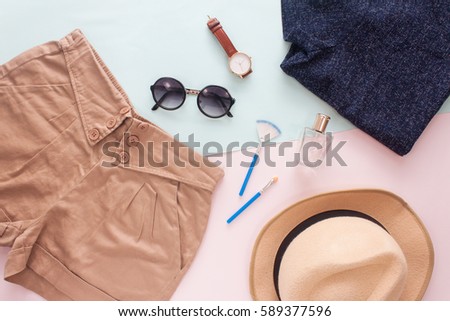 Summer Female Fashion Outfit with Brown Pants and Make Up Accesories
