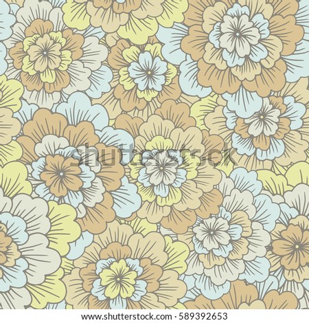 Vector seamless pattern with abstract hand drawn  blooming flowers.