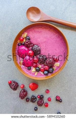 Homemade frozen fruit smoothie / Smoothie Bowl / Made from blending frozen fresh fruits and topped with chilled fruits. Healthy and good dietary fibre,full of goodness 