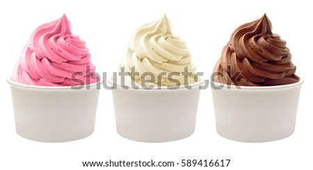 Mockup Strawberry frozen yogurt or soft ice cream, vanilla and chocolate frozen yogurt or soft ice cream in blank paper cup packaging template mockup collection with isolated background Royalty-Free Stock Photo #589416617