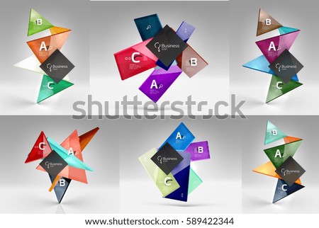 Set of modern geometrical concepts - design elements. Abstract color translucent shapes with text on 3d background. Vector template background for workflow layout, diagram, number options or web