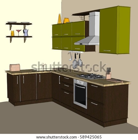 Sketch drawing of green and brown modern corner kitchen interior. Isometric view 3d