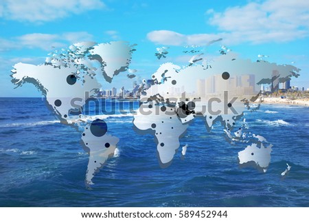 World map with oil extraction areas on city skyline background