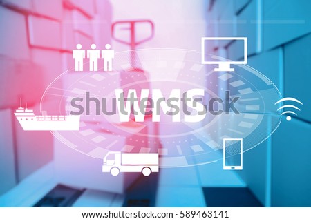 Warehouse management system concept. Shelves with boxes  Royalty-Free Stock Photo #589463141