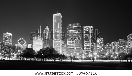 Black and white panoramic picture of Chicago downtown at night, Illinois, USA.