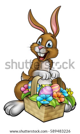 A cartoon Easter Bunny on an egg hunt with a basket or hamper