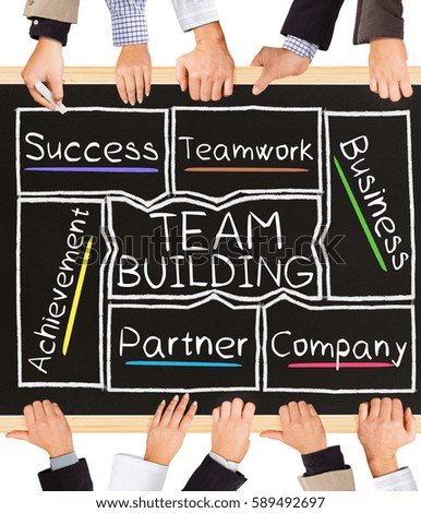 Photo of business hands holding blackboard and writing TEAM BUILDING concept