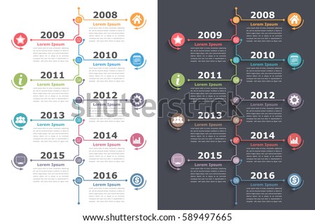 Vertical timeline infographics with place for icons dates and text, vector eps10 illustration Royalty-Free Stock Photo #589497665