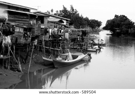 Black & White Picture of a Fishing Village In Malaysia
