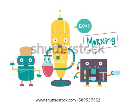 Beep! Beep! Card with cute robots. Vector illustration.
