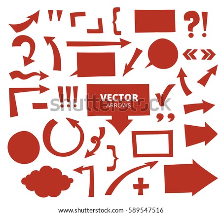 Set of hand drawn arrows and cartoon design elements isolated on white, vector illustration. 