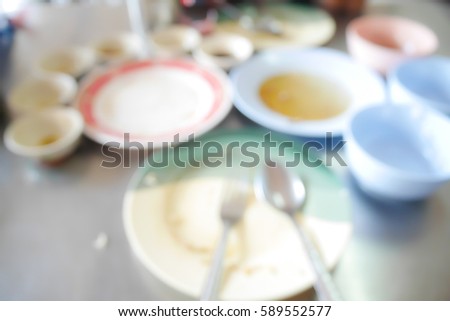 Picture blurred  for background abstract and can be illustration to article of Empty white plate with red stains and fork after eat food