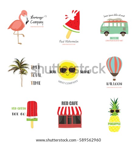 Cute logo design with Flamingo,watermelon,van,coconut tree,sun,balloon,cafe and pineapple
