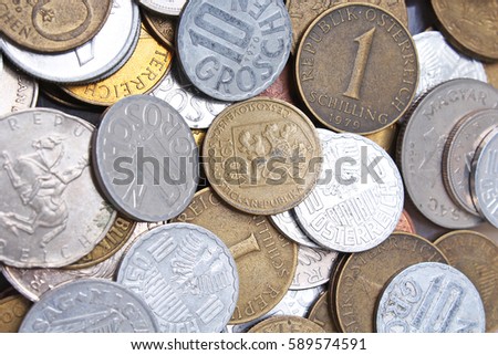 Old invalid coins from europe. History coins texture pattern Money coins background. Filler Schilling Groschen Pfennig Mark Forint