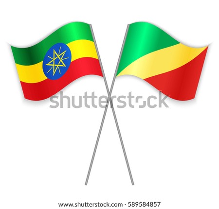 Ethiopian and Congolese crossed flags. Ethiopia combined with Republic of the Congo isolated on white. Language learning, international business or travel concept.