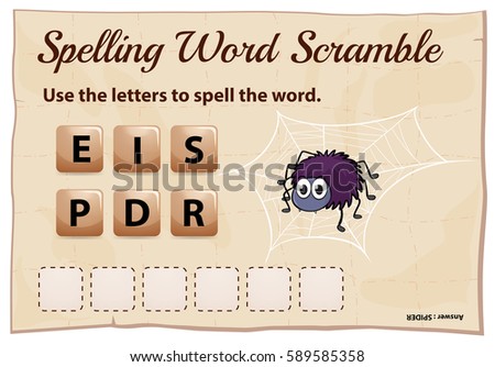 Spelling word scramble game for word spider illustration
