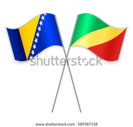 Bosnian and Congolese crossed flags. Bosnia and Herzegovina combined with Republic of the Congo isolated on white. Language learning, international business or travel concept.