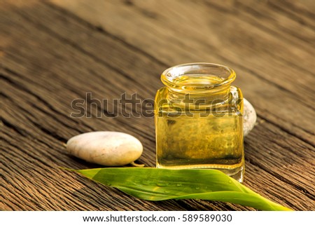bottle of aroma essential oil or spa and natural green leave on wooden table, image for aroma spa alternative therapy medicine and meditation aroma concept.