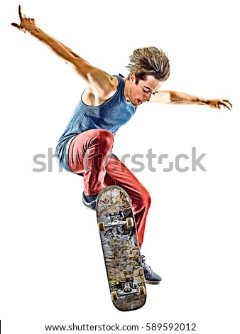 one caucasian skateboarder young teenager man skateboarding isolated on white background