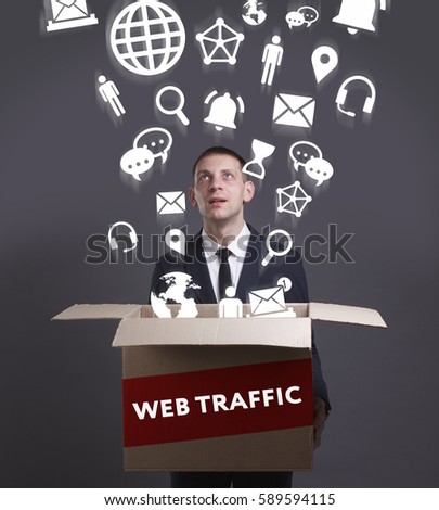 Business, Technology, Internet and network concept. Young businessman shows the word: Web traffic